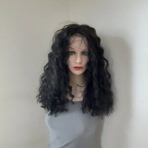 Darkest brown  human hair blend curly wig lace front wig 20''